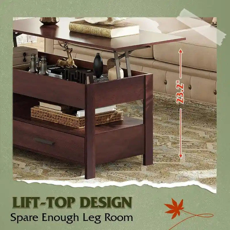 Table basse relevable, compartiments de rangement cachés, plateau en MDF imitation bois, expresso, pour 1 personne