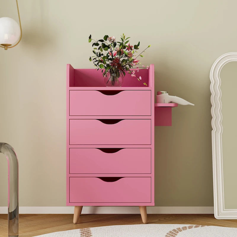 Meuble de rangement de salon à 4 niveaux, 4 tiroirs, 2 supports de sèche-cheveux, rose/blanc, pour 1 personne
