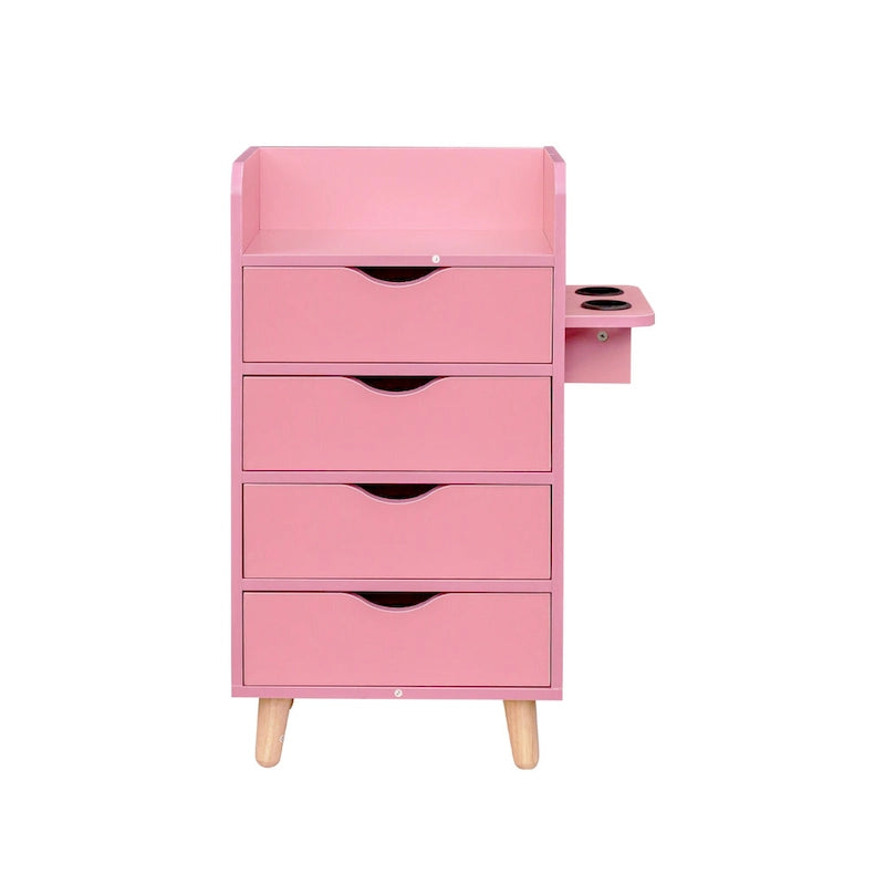 Meuble de rangement de salon à 4 niveaux, 4 tiroirs, 2 supports de sèche-cheveux, rose/blanc, pour 1 personne