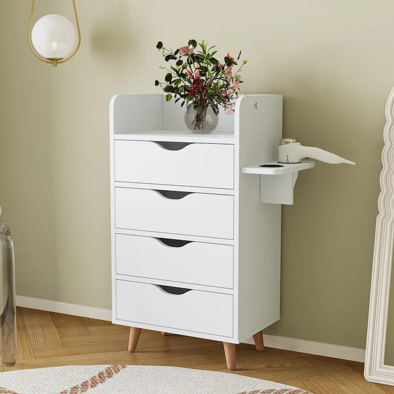 Meuble de rangement de salon à 4 niveaux, 4 tiroirs, 2 supports de sèche-cheveux, rose/blanc, pour 1 personne