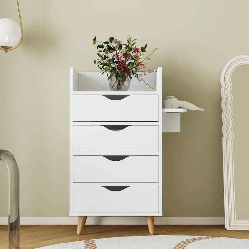 Meuble de rangement de salon à 4 niveaux, 4 tiroirs, 2 supports de sèche-cheveux, rose/blanc, pour 1 personne