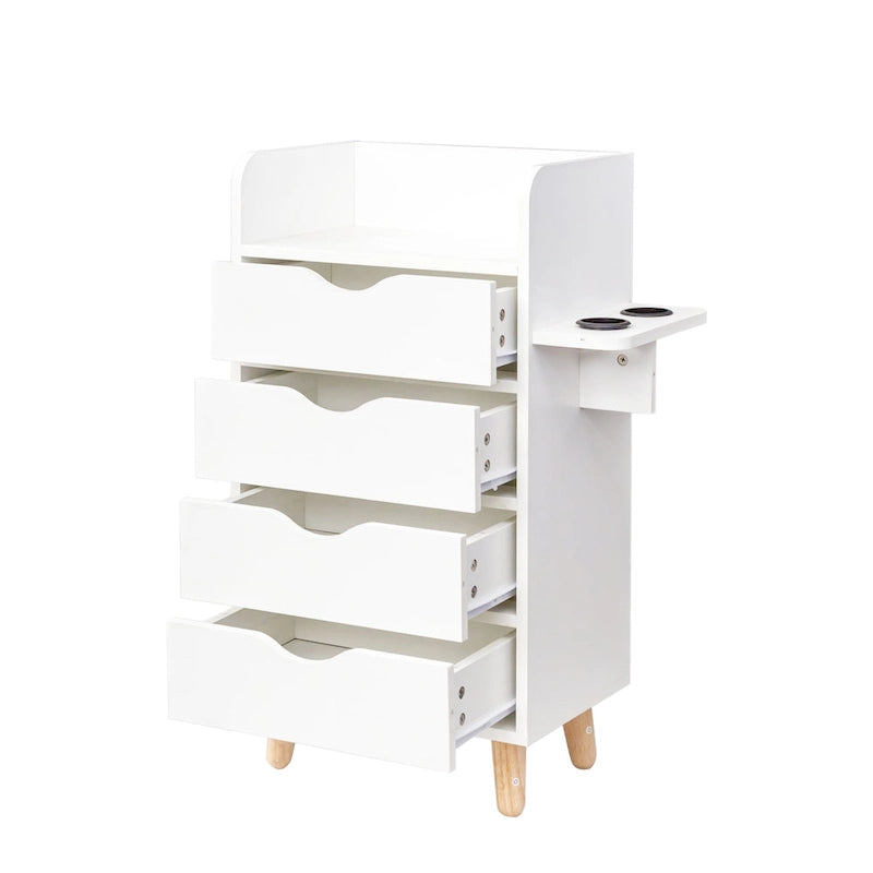 Meuble de rangement de salon à 4 niveaux, 4 tiroirs, 2 supports de sèche-cheveux, rose/blanc, pour 1 personne