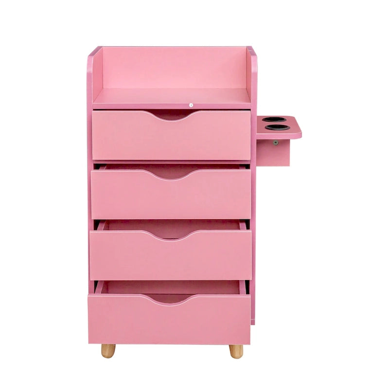 Meuble de rangement de salon à 4 niveaux, 4 tiroirs, 2 supports de sèche-cheveux, rose/blanc, pour 1 personne