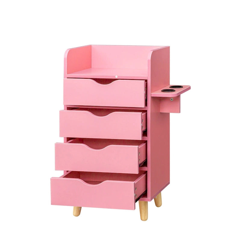 Meuble de rangement de salon à 4 niveaux, 4 tiroirs, 2 supports de sèche-cheveux, rose/blanc, pour 1 personne
