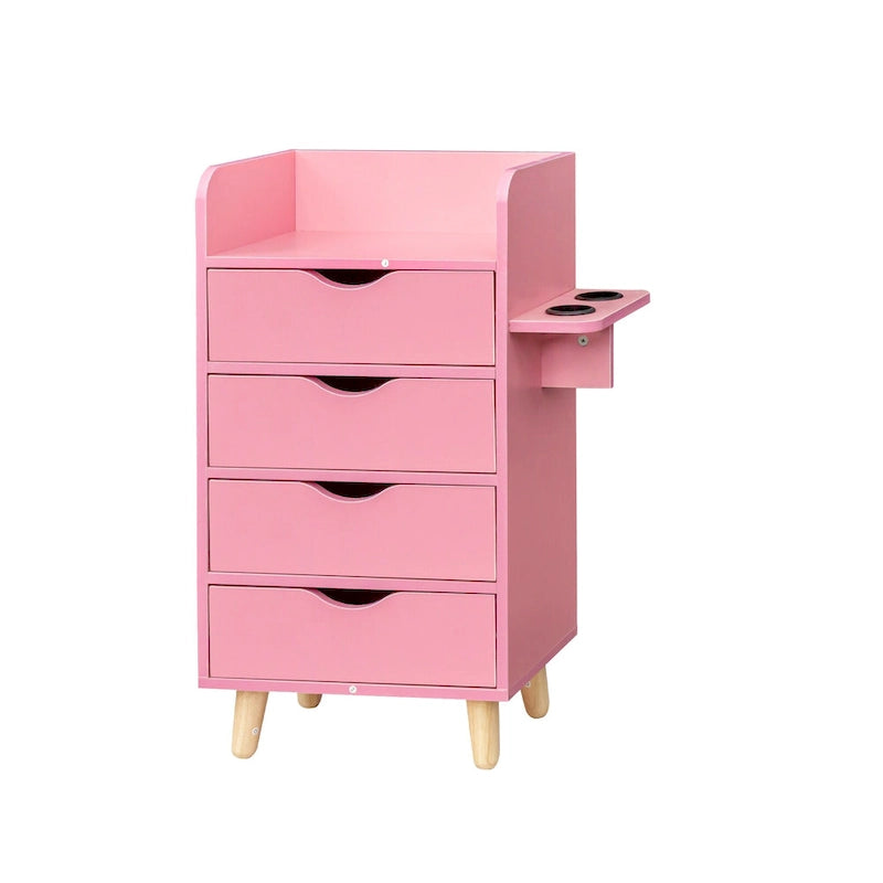 Meuble de rangement de salon à 4 niveaux, 4 tiroirs, 2 supports de sèche-cheveux, rose/blanc, pour 1 personne