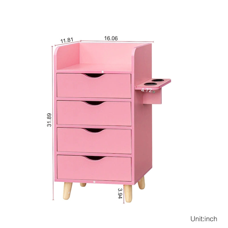 Meuble de rangement de salon à 4 niveaux, 4 tiroirs, 2 supports de sèche-cheveux, rose/blanc, pour 1 personne