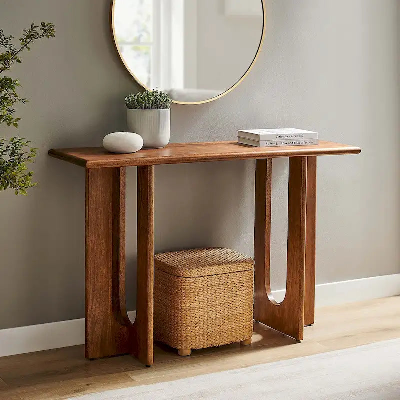 Console, manguier massif, piétement double piédestal arqué, style Mid-Century, Chêne / Noyer, 1 personne