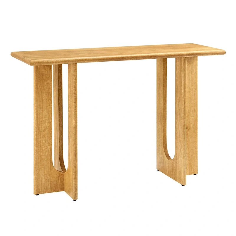 Console, manguier massif, piétement double piédestal arqué, style Mid-Century, Chêne / Noyer, 1 personne