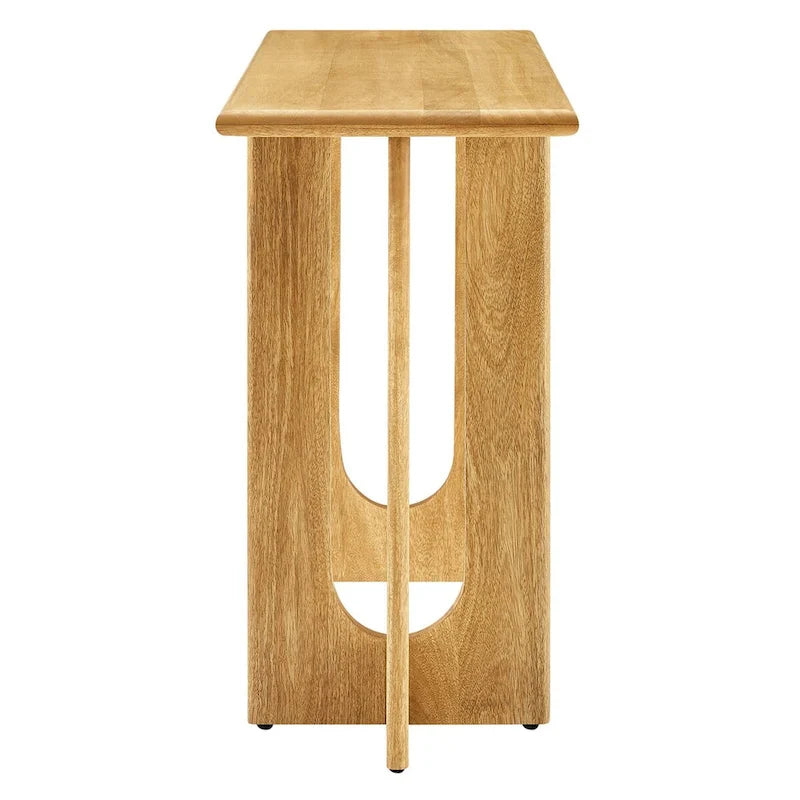 Console, manguier massif, piétement double piédestal arqué, style Mid-Century, Chêne / Noyer, 1 personne