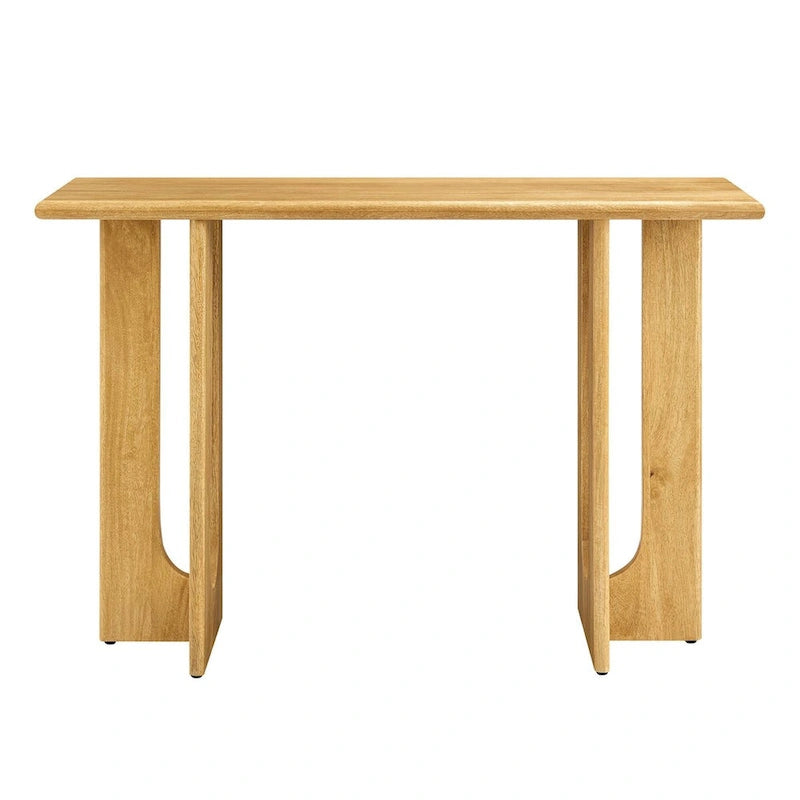 Console, manguier massif, piétement double piédestal arqué, style Mid-Century, Chêne / Noyer, 1 personne
