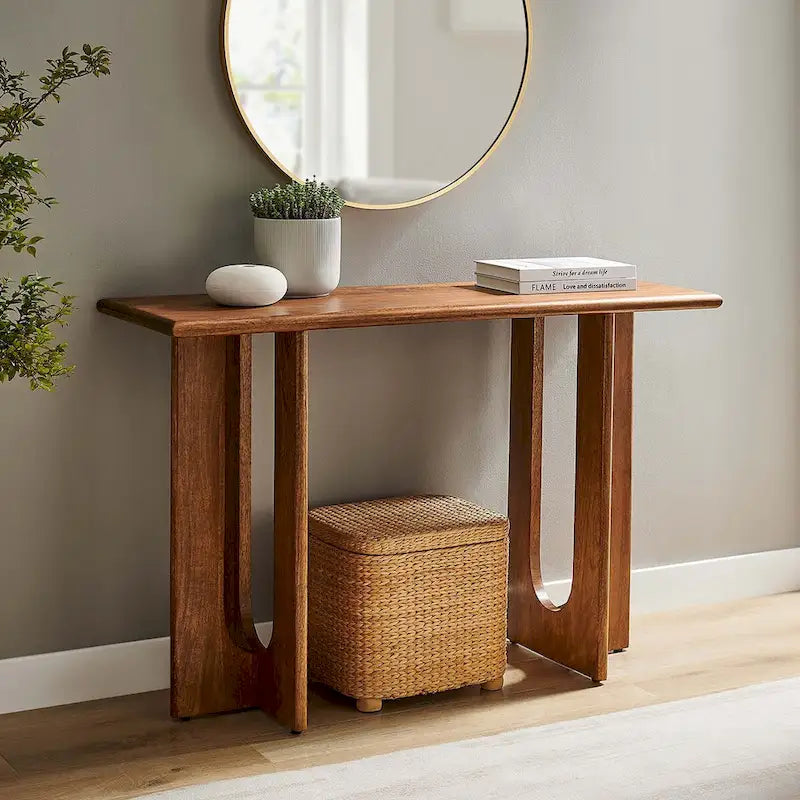 Console, manguier massif, piétement double piédestal arqué, style Mid-Century, Chêne / Noyer, 1 personne