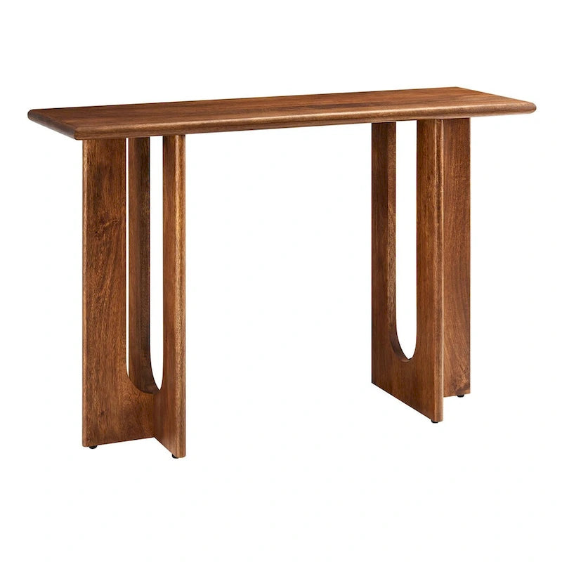 Console, manguier massif, piétement double piédestal arqué, style Mid-Century, Chêne / Noyer, 1 personne