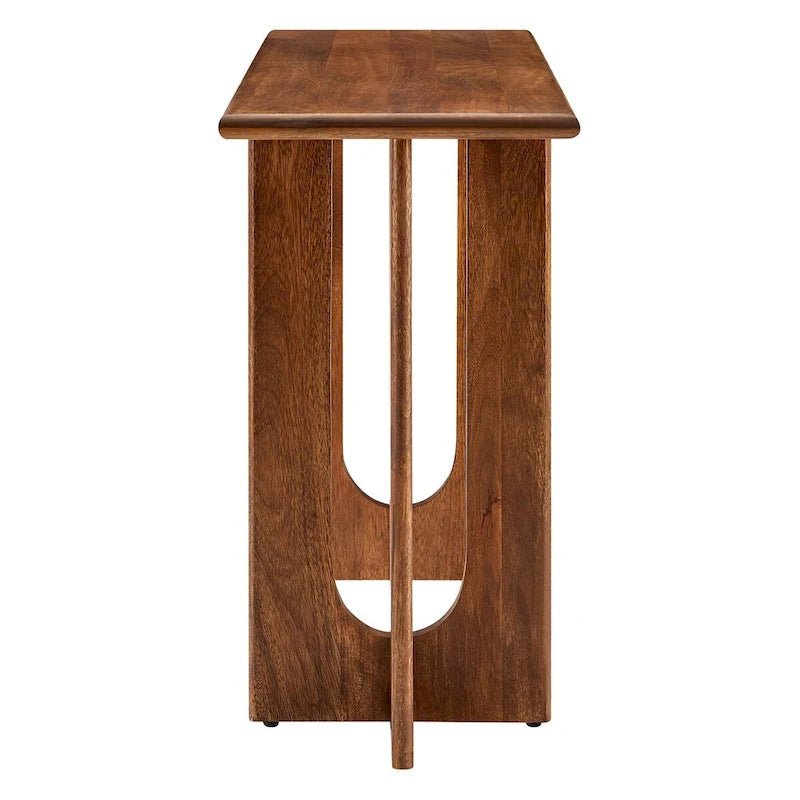 Console, manguier massif, piétement double piédestal arqué, style Mid-Century, Chêne / Noyer, 1 personne