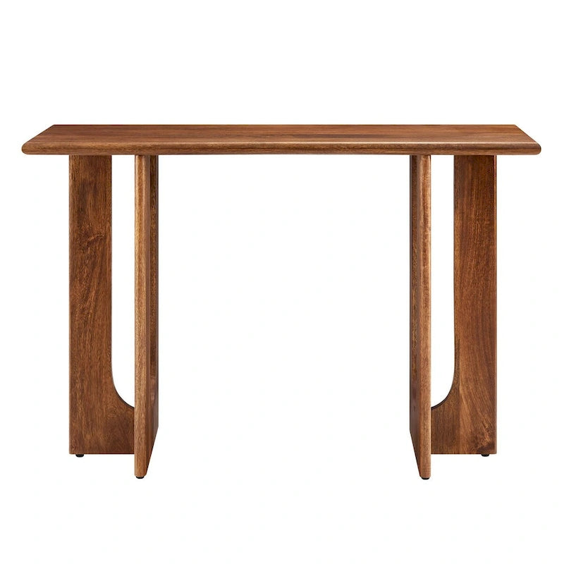 Console, manguier massif, piétement double piédestal arqué, style Mid-Century, Chêne / Noyer, 1 personne