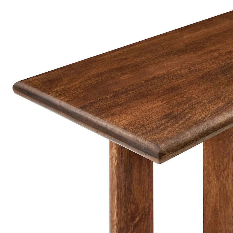 Console, manguier massif, piétement double piédestal arqué, style Mid-Century, Chêne / Noyer, 1 personne