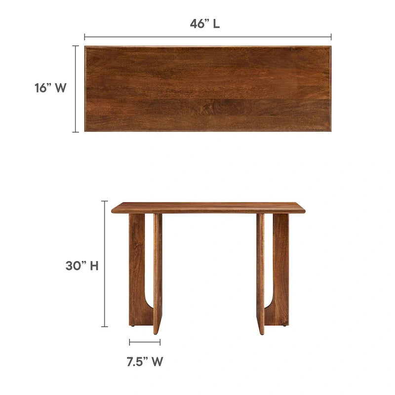 Console, manguier massif, piétement double piédestal arqué, style Mid-Century, Chêne / Noyer, 1 personne