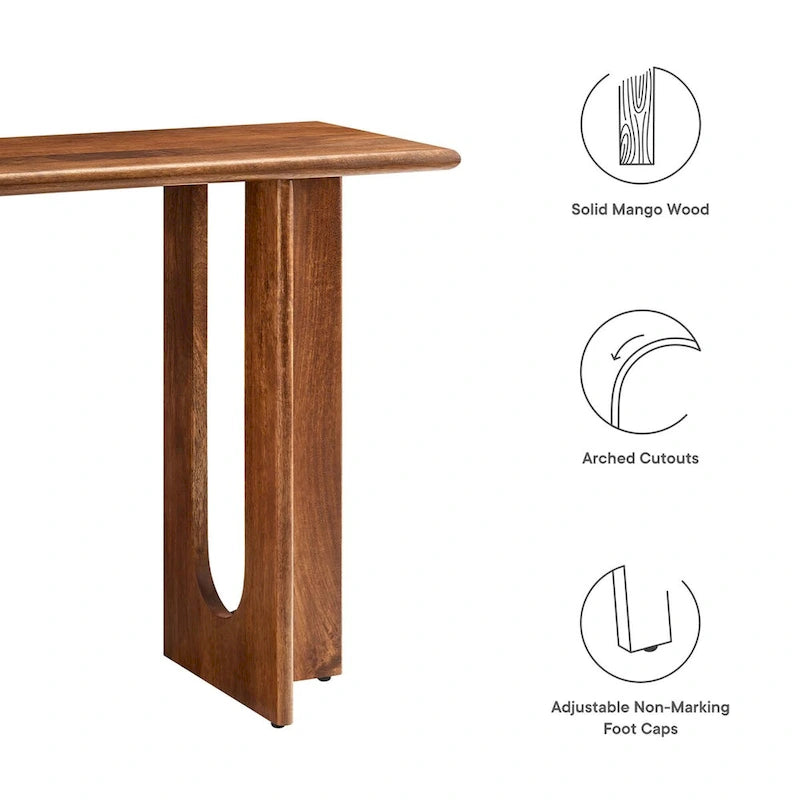 Console, manguier massif, piétement double piédestal arqué, style Mid-Century, Chêne / Noyer, 1 personne