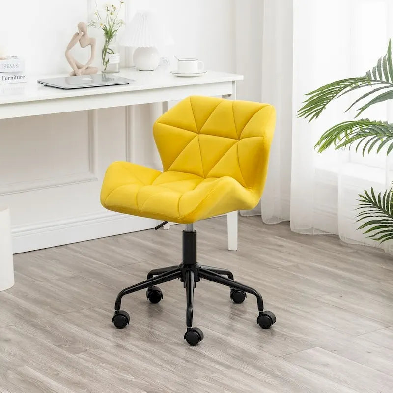 Fauteuil de bureau pivotant sans accoudoirs, velours capitonné, mousse haute densité, réglage pneumatique de la hauteur, base en métal, gris / bleu / mauve / jaune, usage 1 personne