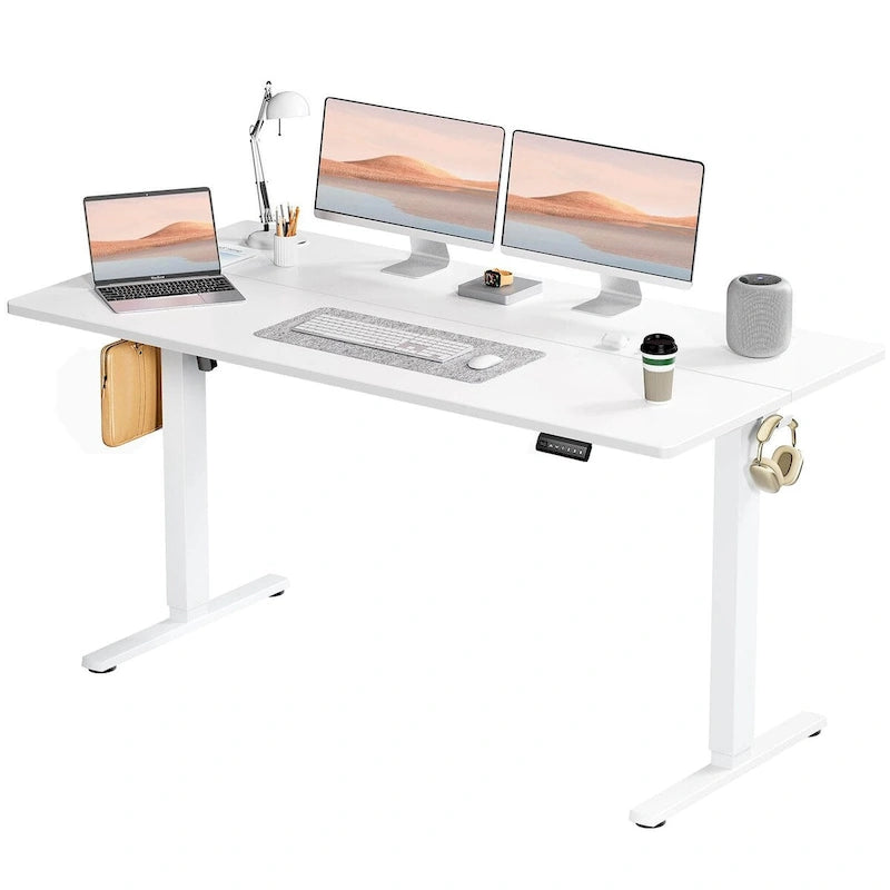 Bureau debout électrique réglable en hauteur, 3 préréglages de mémoire, Trous de gestion des câbles, Crochets latéraux, Capacité de 80 kg, Marron / Blanc / Noir / Naturel, Utilisation par 1 personne