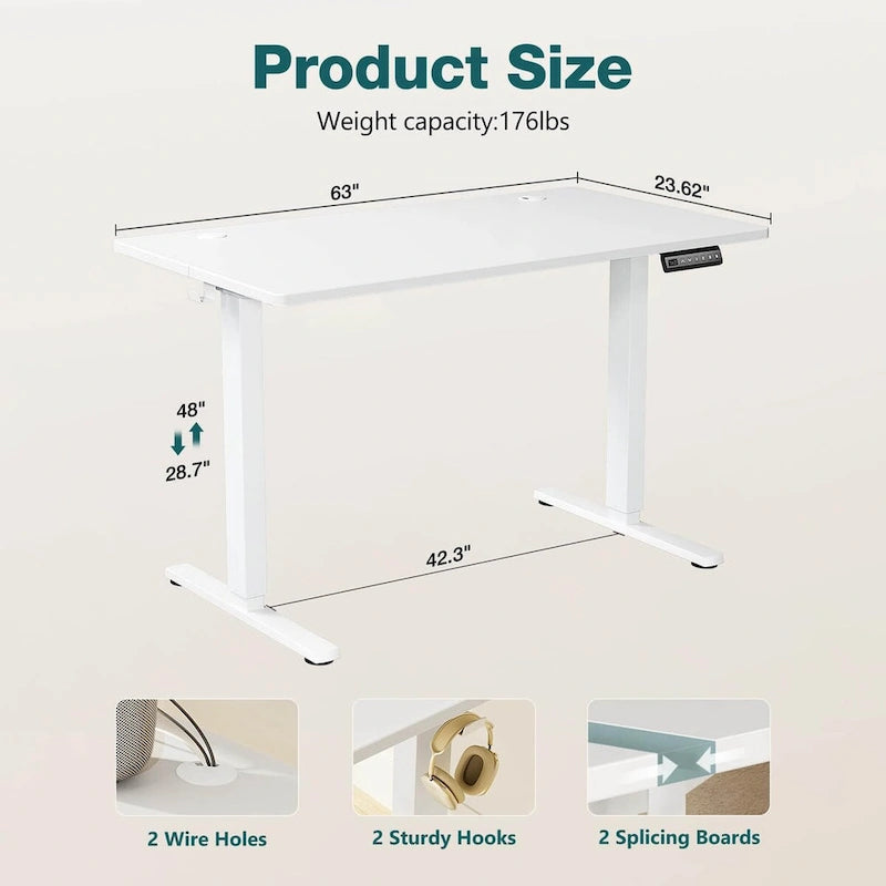 Bureau debout électrique réglable en hauteur, 3 préréglages de mémoire, Trous de gestion des câbles, Crochets latéraux, Capacité de 80 kg, Marron / Blanc / Noir / Naturel, Utilisation par 1 personne