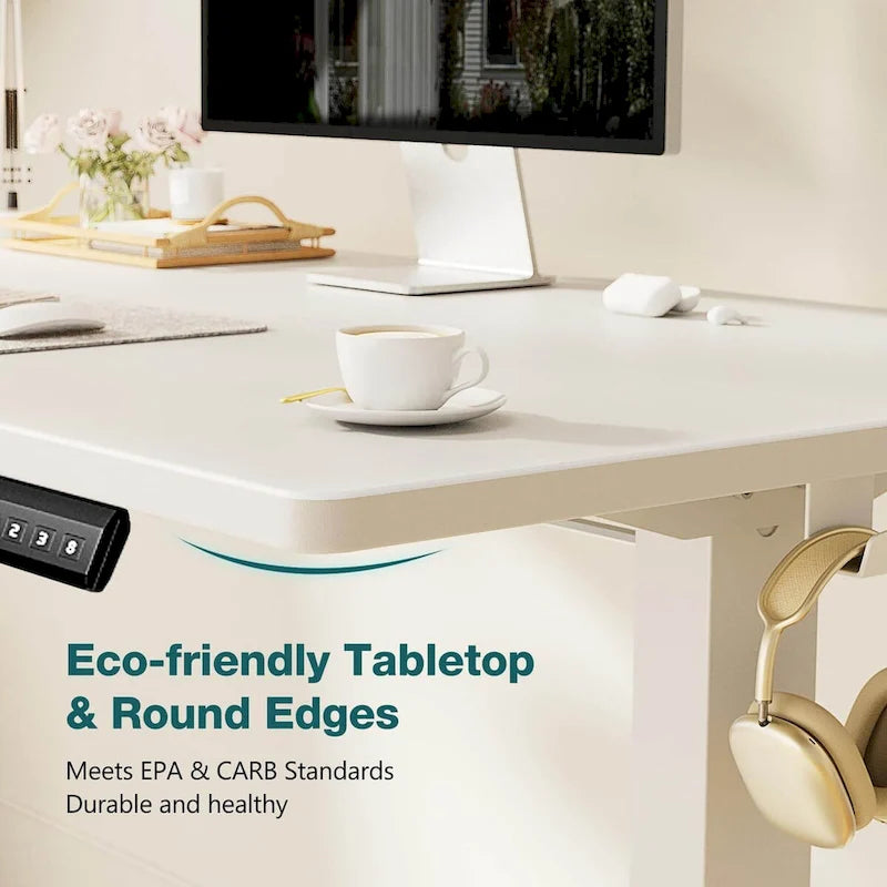 Bureau debout électrique réglable en hauteur, 3 préréglages de mémoire, Trous de gestion des câbles, Crochets latéraux, Capacité de 80 kg, Marron / Blanc / Noir / Naturel, Utilisation par 1 personne