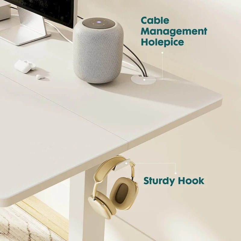 Bureau debout électrique réglable en hauteur, 3 préréglages de mémoire, Trous de gestion des câbles, Crochets latéraux, Capacité de 80 kg, Marron / Blanc / Noir / Naturel, Utilisation par 1 personne