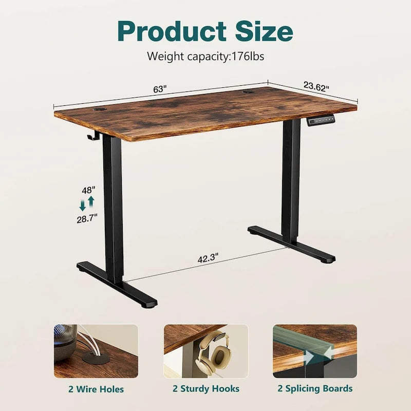 Bureau debout électrique réglable en hauteur, 3 préréglages de mémoire, Trous de gestion des câbles, Crochets latéraux, Capacité de 80 kg, Marron / Blanc / Noir / Naturel, Utilisation par 1 personne