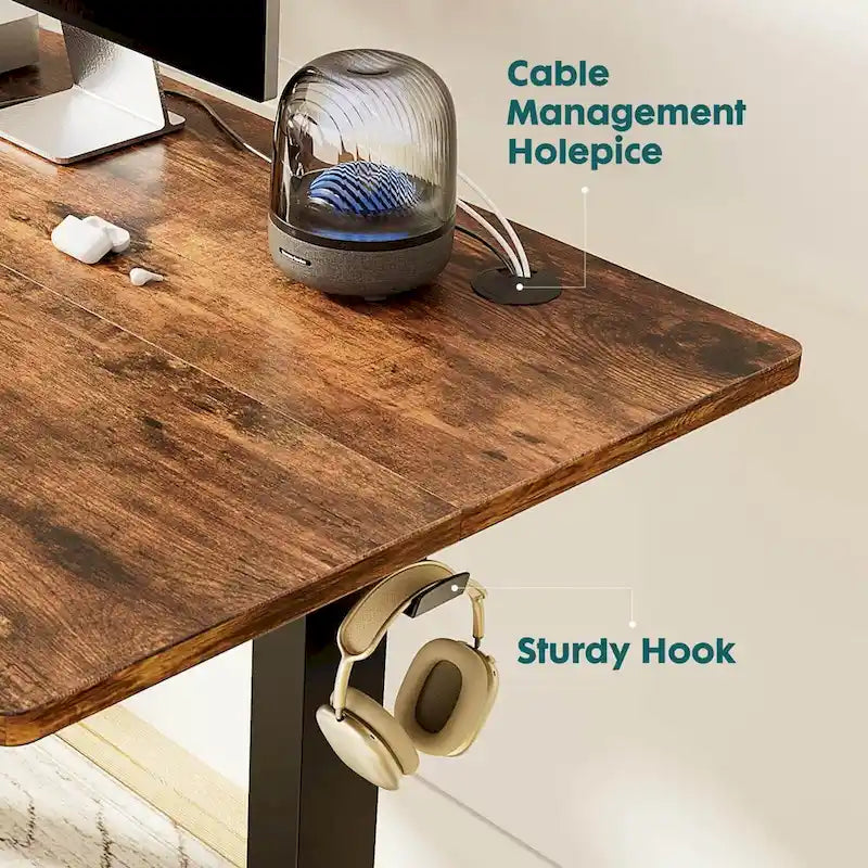Bureau debout électrique réglable en hauteur, 3 préréglages de mémoire, Trous de gestion des câbles, Crochets latéraux, Capacité de 80 kg, Marron / Blanc / Noir / Naturel, Utilisation par 1 personne