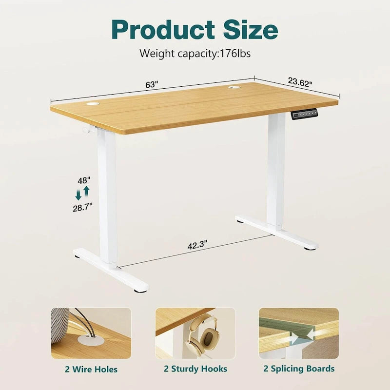 Bureau debout électrique réglable en hauteur, 3 préréglages de mémoire, Trous de gestion des câbles, Crochets latéraux, Capacité de 80 kg, Marron / Blanc / Noir / Naturel, Utilisation par 1 personne