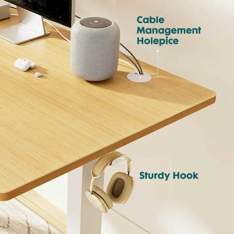 Bureau debout électrique réglable en hauteur, 3 préréglages de mémoire, Trous de gestion des câbles, Crochets latéraux, Capacité de 80 kg, Marron / Blanc / Noir / Naturel, Utilisation par 1 personne