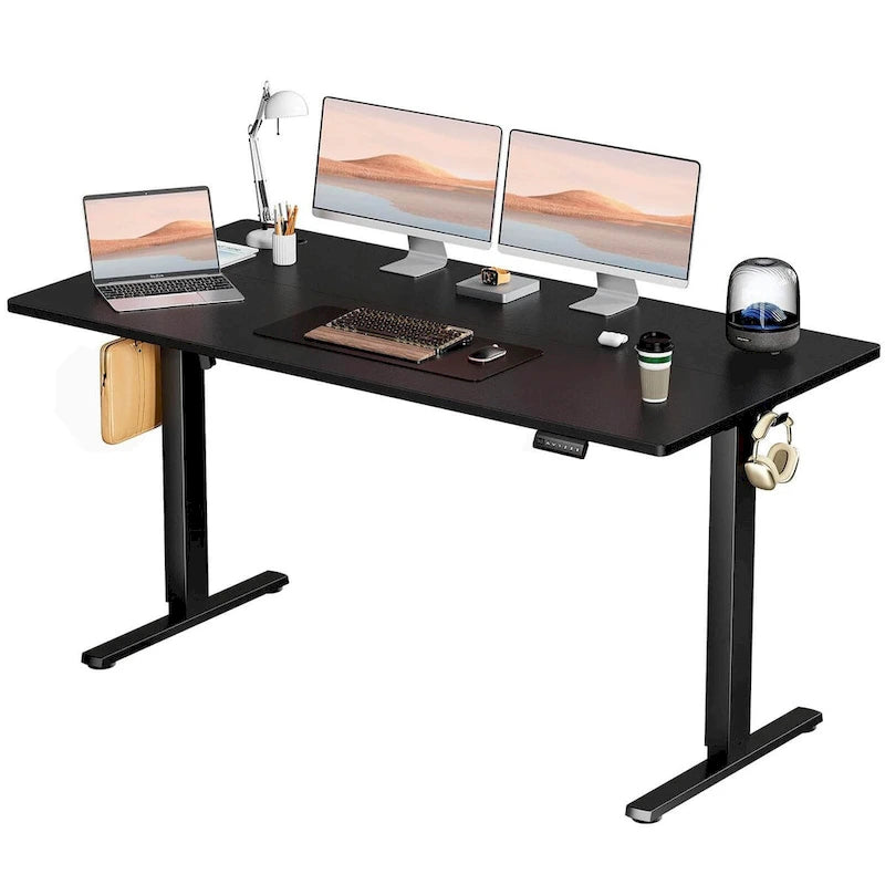 Bureau debout électrique réglable en hauteur, 3 préréglages de mémoire, Trous de gestion des câbles, Crochets latéraux, Capacité de 80 kg, Marron / Blanc / Noir / Naturel, Utilisation par 1 personne