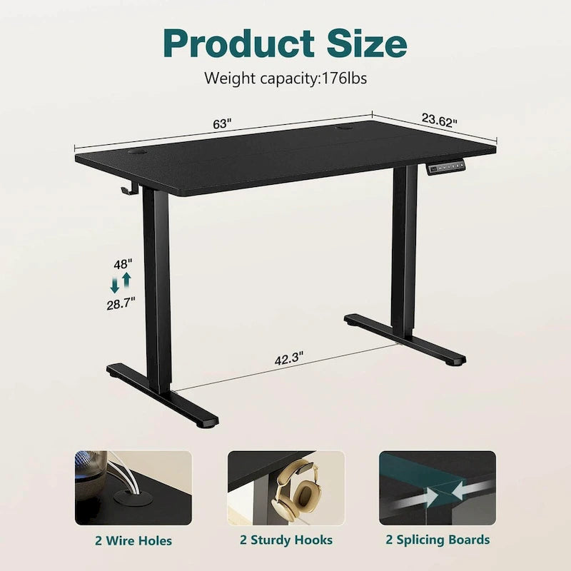 Bureau debout électrique réglable en hauteur, 3 préréglages de mémoire, Trous de gestion des câbles, Crochets latéraux, Capacité de 80 kg, Marron / Blanc / Noir / Naturel, Utilisation par 1 personne