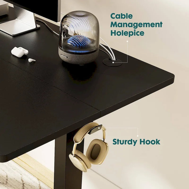 Bureau debout électrique réglable en hauteur, 3 préréglages de mémoire, Trous de gestion des câbles, Crochets latéraux, Capacité de 80 kg, Marron / Blanc / Noir / Naturel, Utilisation par 1 personne