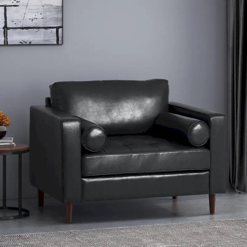 Fauteuil club, revêtement en similicuir, pieds en bois de bouleau, finition expresso, noir, 1 place