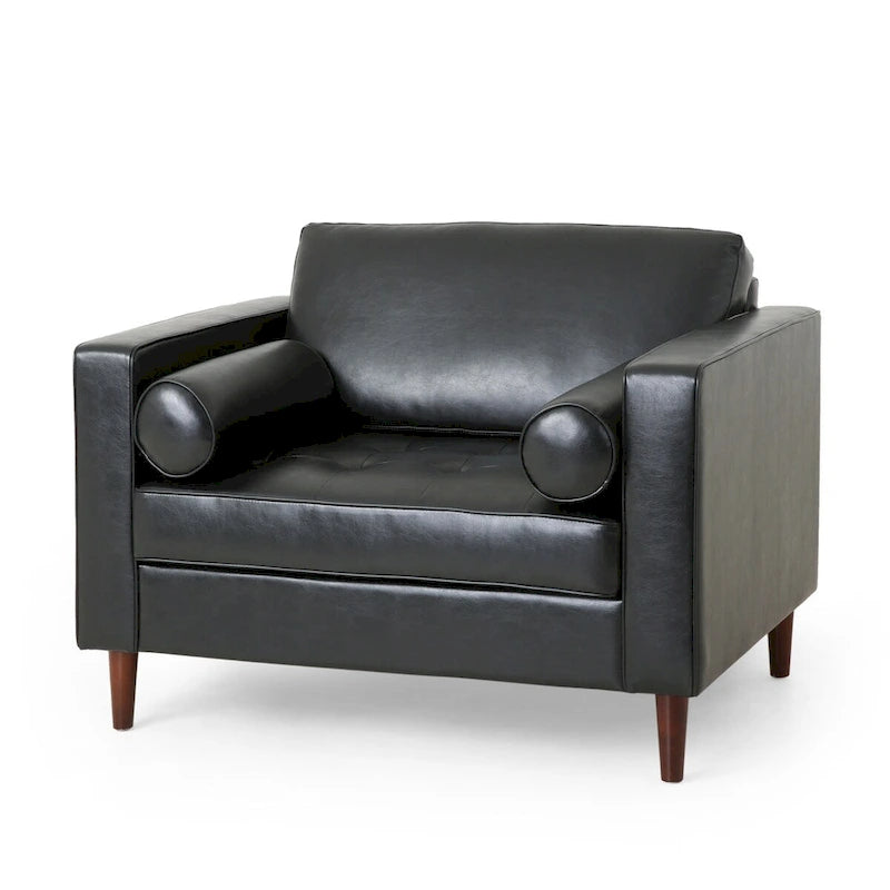 Fauteuil club, revêtement en similicuir, pieds en bois de bouleau, finition expresso, noir, 1 place
