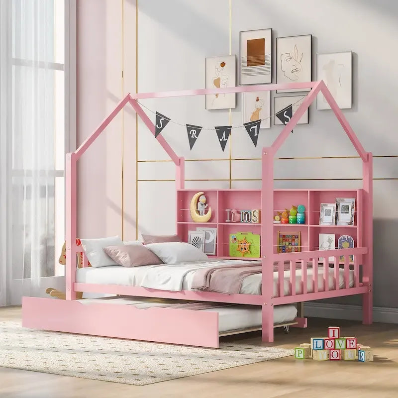 Lit de repos en forme de maison, toit en pente, lit gigogne, étagère arrière, 10 lattes, pin et MDF, gris / blanc / rose, pour 1 personne