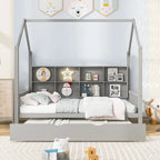 Lit de repos en forme de maison, toit en pente, lit gigogne, étagère arrière, 10 lattes, pin et MDF, gris / blanc / rose, pour 1 personne