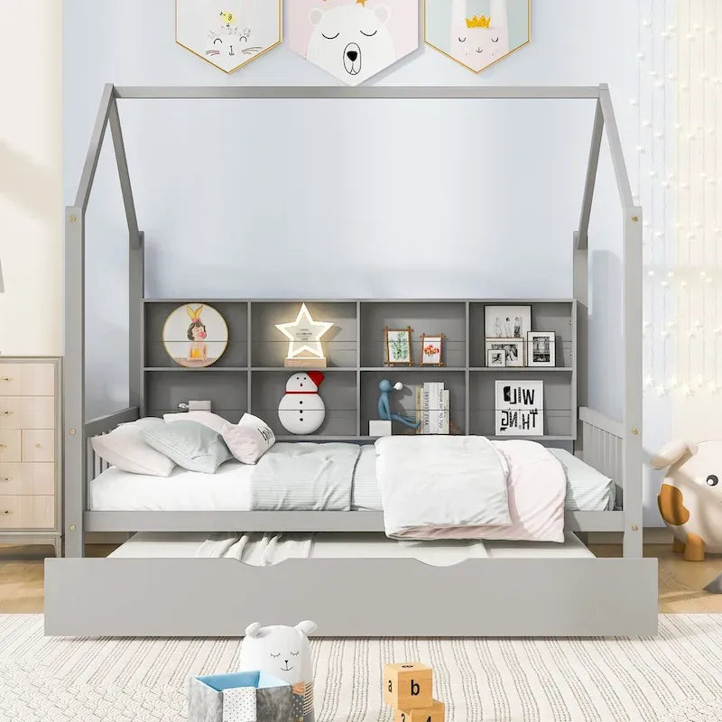 Lit de repos en forme de maison, toit en pente, lit gigogne, étagère arrière, 10 lattes, pin et MDF, gris / blanc / rose, pour 1 personne