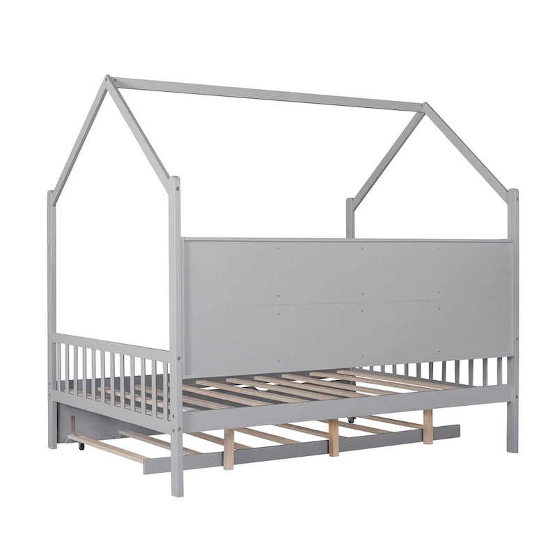 Lit de repos en forme de maison, toit en pente, lit gigogne, étagère arrière, 10 lattes, pin et MDF, gris / blanc / rose, pour 1 personne