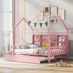 Lit de repos en forme de maison, toit en pente, lit gigogne, étagère arrière, 10 lattes, pin et MDF, gris / blanc / rose, pour 1 personne