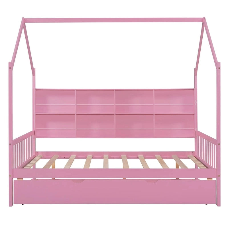 Lit de repos en forme de maison, toit en pente, lit gigogne, étagère arrière, 10 lattes, pin et MDF, gris / blanc / rose, pour 1 personne