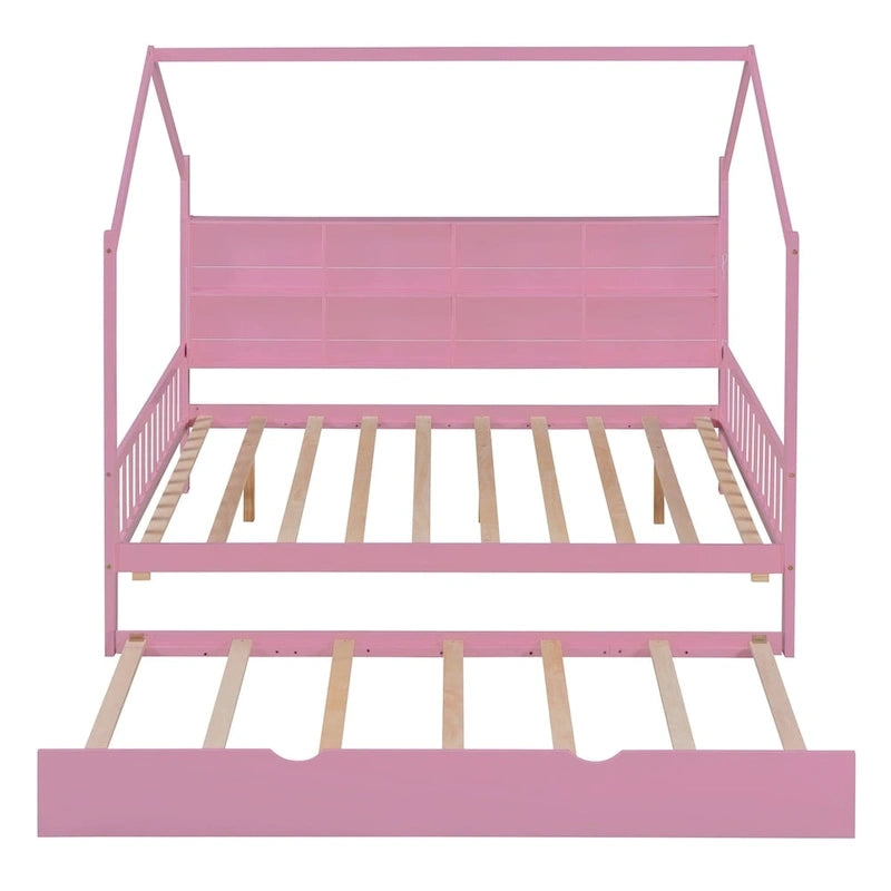 Lit de repos en forme de maison, toit en pente, lit gigogne, étagère arrière, 10 lattes, pin et MDF, gris / blanc / rose, pour 1 personne