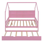 Lit de repos en forme de maison, toit en pente, lit gigogne, étagère arrière, 10 lattes, pin et MDF, gris / blanc / rose, pour 1 personne