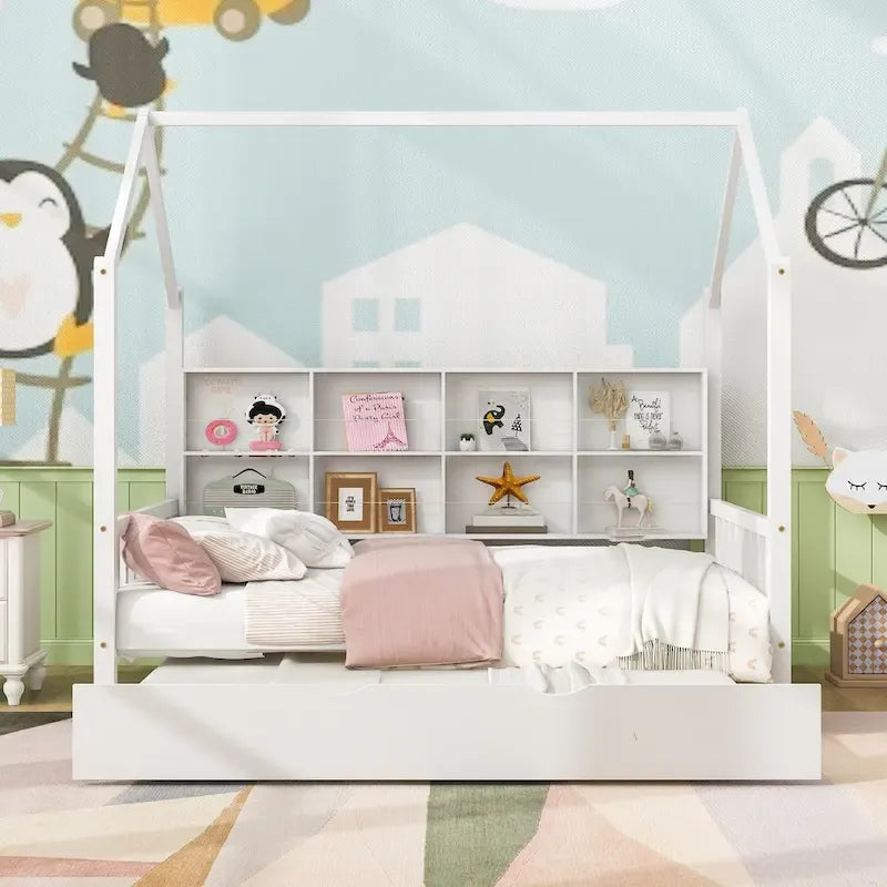 Lit de repos en forme de maison, toit en pente, lit gigogne, étagère arrière, 10 lattes, pin et MDF, gris / blanc / rose, pour 1 personne