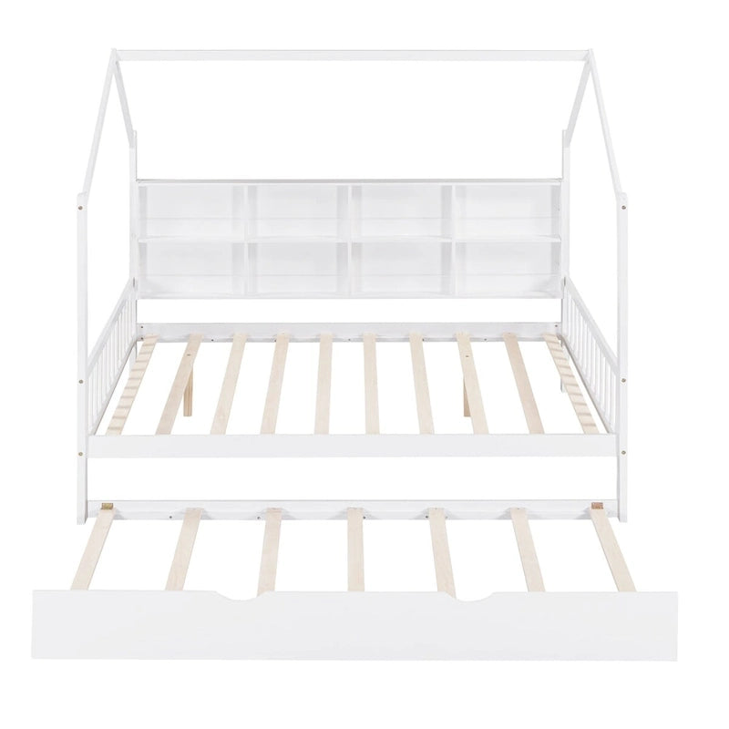 Lit de repos en forme de maison, toit en pente, lit gigogne, étagère arrière, 10 lattes, pin et MDF, gris / blanc / rose, pour 1 personne