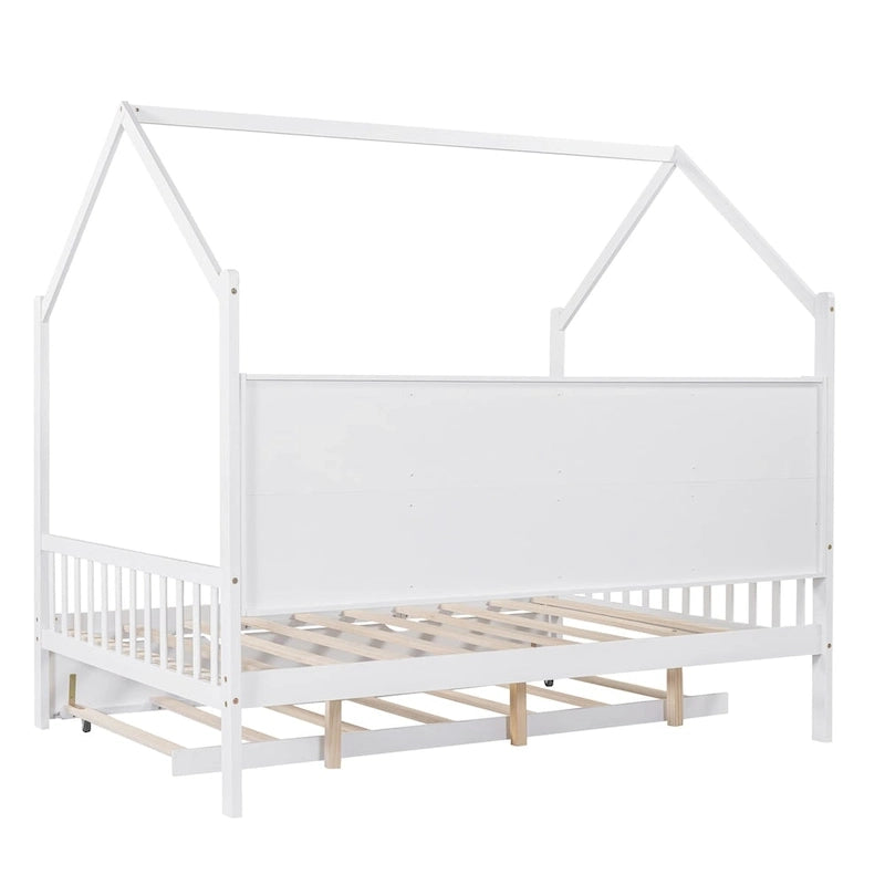 Lit de repos en forme de maison, toit en pente, lit gigogne, étagère arrière, 10 lattes, pin et MDF, gris / blanc / rose, pour 1 personne
