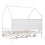 Lit de repos en forme de maison, toit en pente, lit gigogne, étagère arrière, 10 lattes, pin et MDF, gris / blanc / rose, pour 1 personne