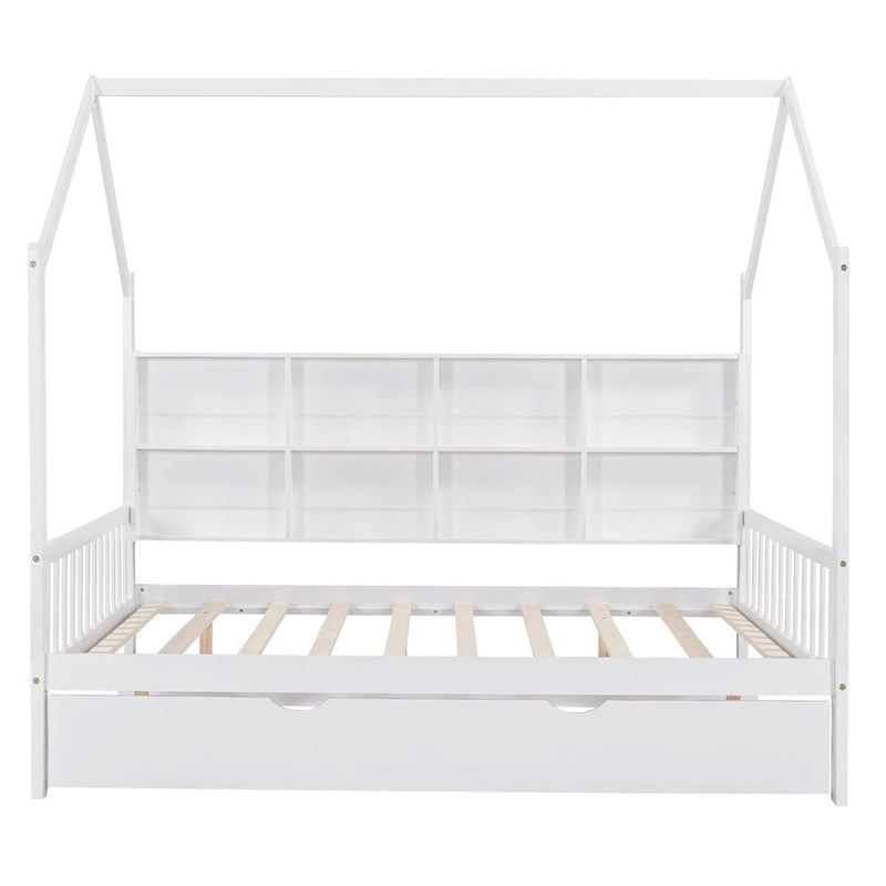 Lit de repos en forme de maison, toit en pente, lit gigogne, étagère arrière, 10 lattes, pin et MDF, gris / blanc / rose, pour 1 personne