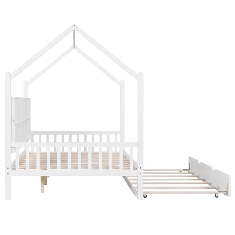 Lit de repos en forme de maison, toit en pente, lit gigogne, étagère arrière, 10 lattes, pin et MDF, gris / blanc / rose, pour 1 personne
