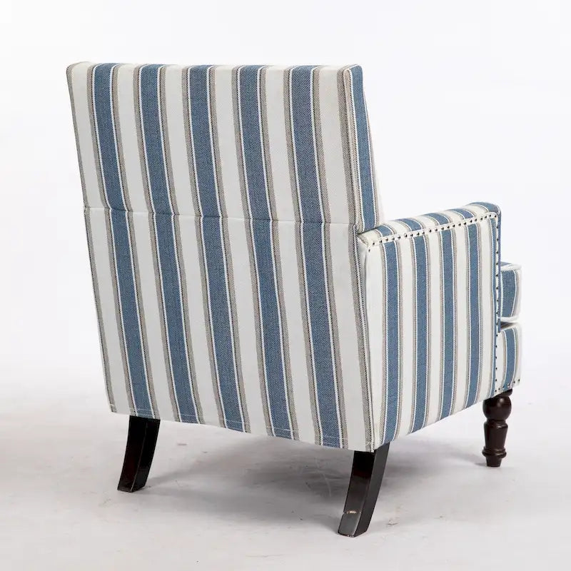 Fauteuil d'appoint, revêtement en lin à rayures bleues et blanches, mousse haute densité, structure en bois massif, pieds tournés, bleu, pour 1 personne